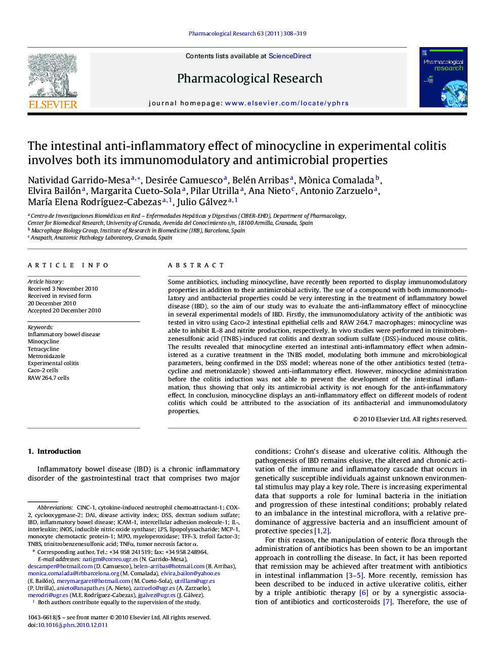 The intestinal anti-inflammatory effect of minocycline in experimental colitis involves both its immunomodulatory and antimicrobial properties