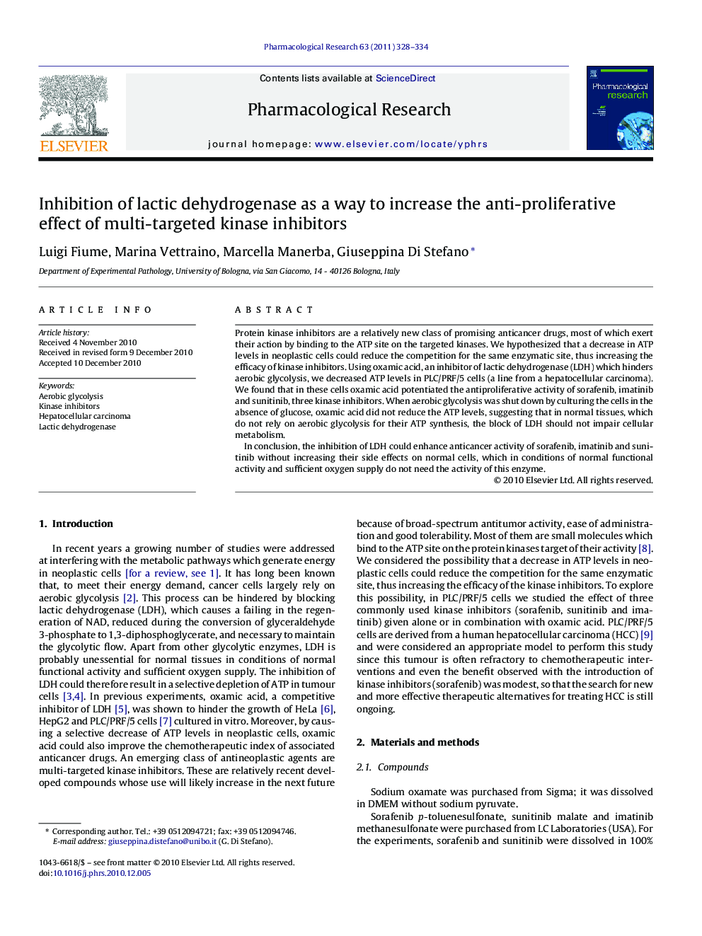 Inhibition of lactic dehydrogenase as a way to increase the anti-proliferative effect of multi-targeted kinase inhibitors