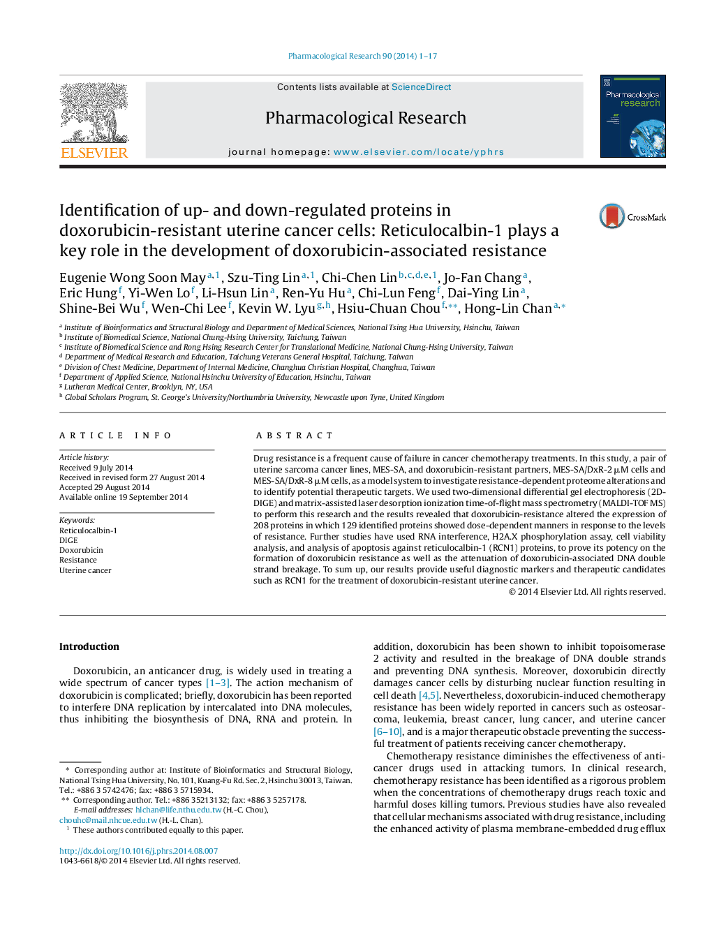 Identification of up- and down-regulated proteins in doxorubicin-resistant uterine cancer cells: Reticulocalbin-1 plays a key role in the development of doxorubicin-associated resistance