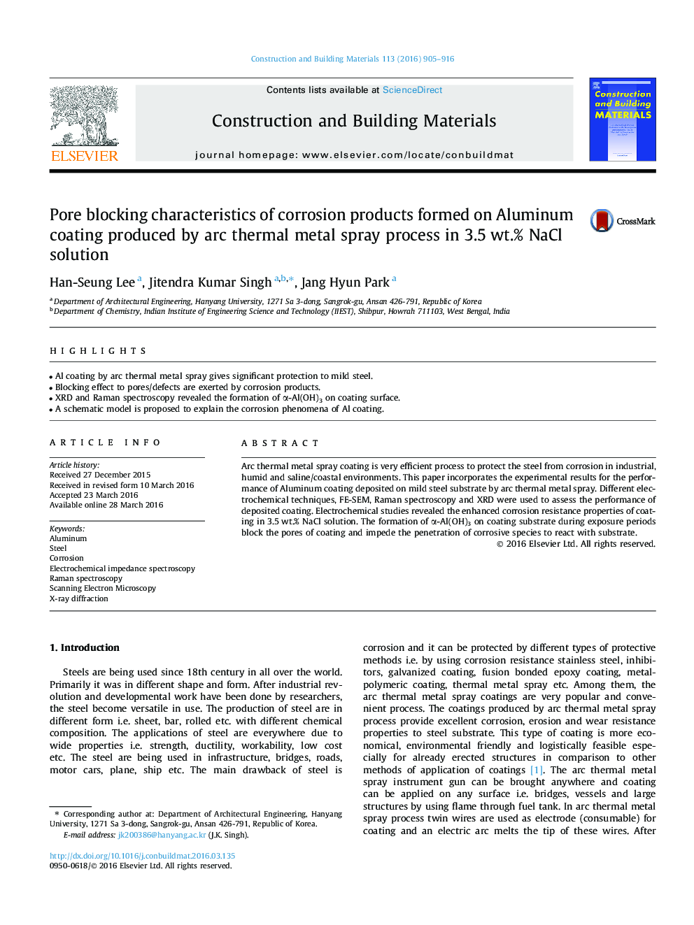 Pore blocking characteristics of corrosion products formed on Aluminum coating produced by arc thermal metal spray process in 3.5 wt.% NaCl solution