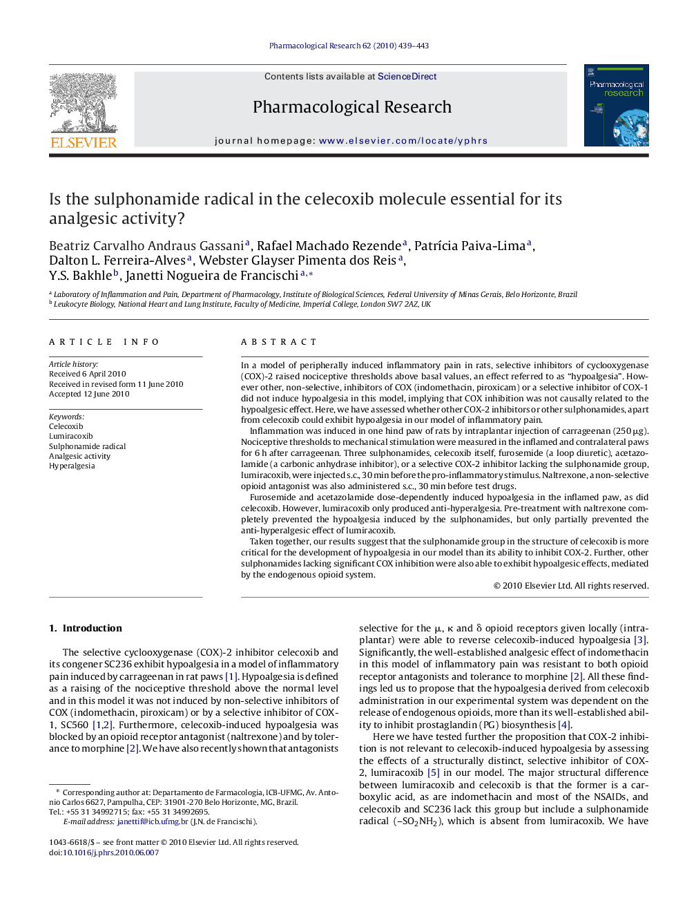 Is the sulphonamide radical in the celecoxib molecule essential for its analgesic activity?