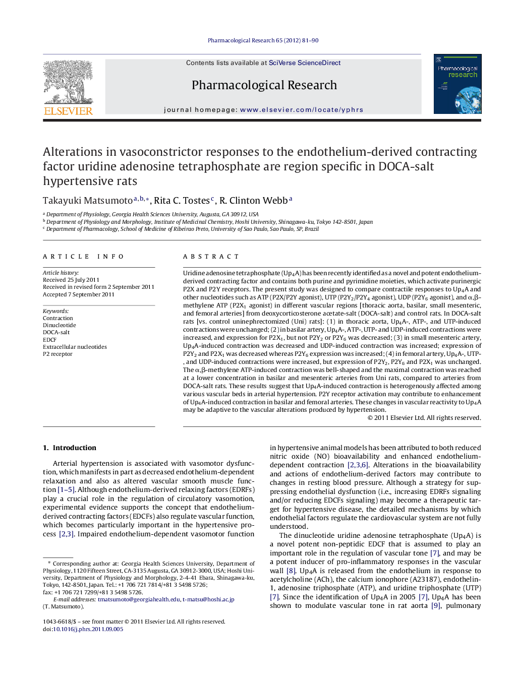 Alterations in vasoconstrictor responses to the endothelium-derived contracting factor uridine adenosine tetraphosphate are region specific in DOCA-salt hypertensive rats