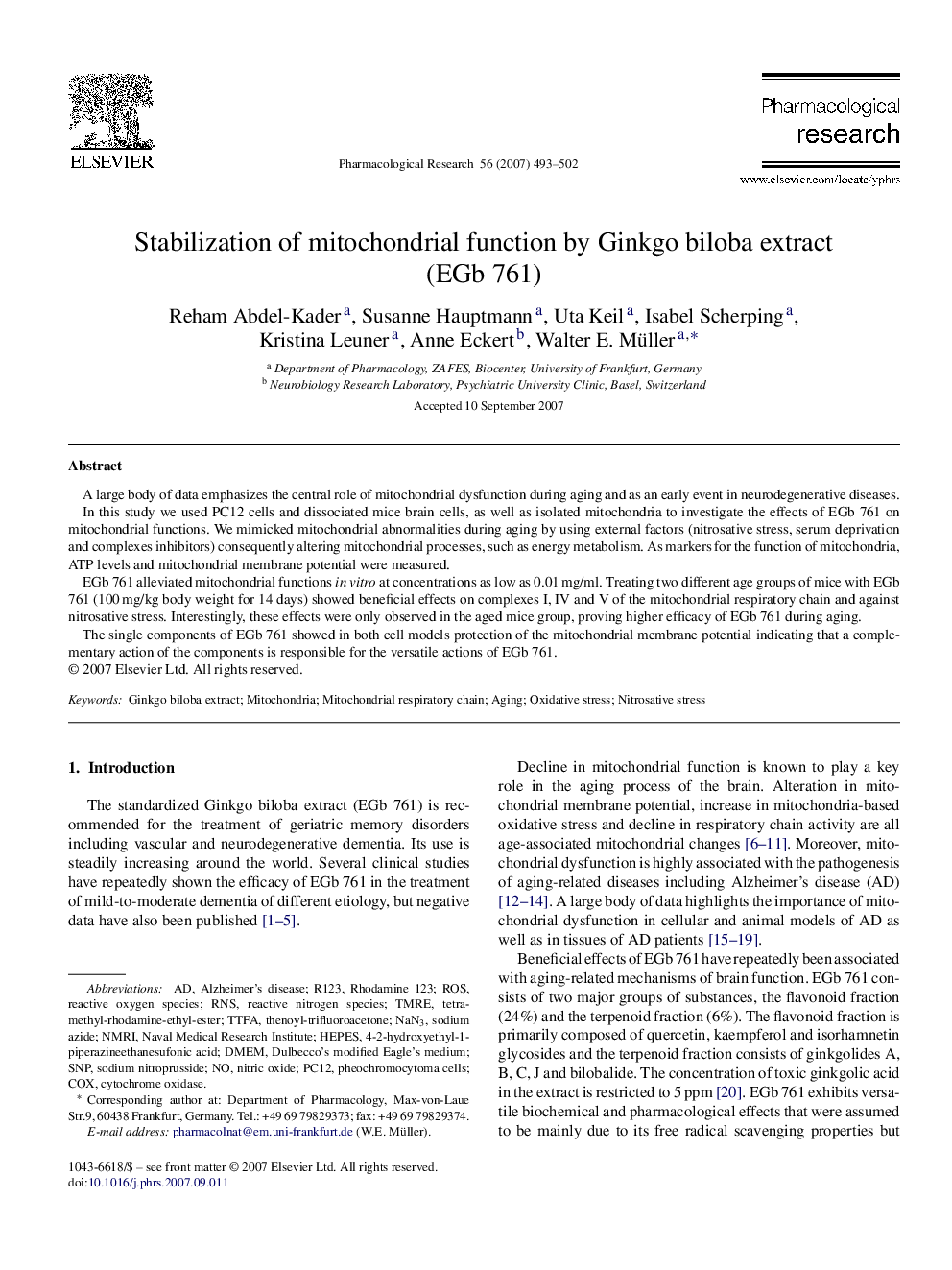 Stabilization of mitochondrial function by Ginkgo biloba extract (EGb 761)