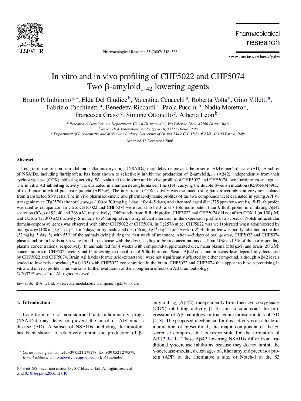 In vitro and in vivo profiling of CHF5022 and CHF5074: Two β-amyloid1–42 lowering agents