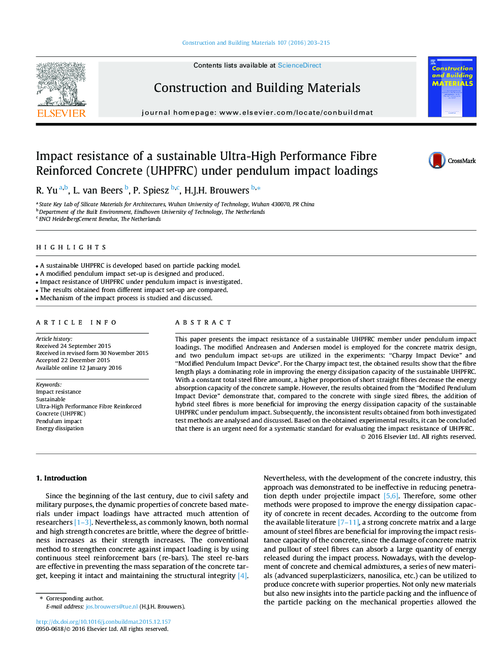 Impact resistance of a sustainable Ultra-High Performance Fibre Reinforced Concrete (UHPFRC) under pendulum impact loadings