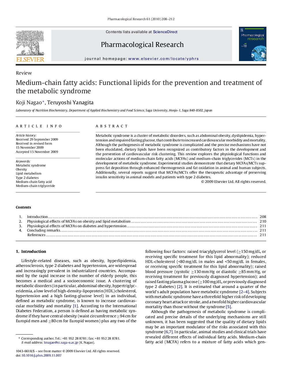 Medium-chain fatty acids: Functional lipids for the prevention and treatment of the metabolic syndrome