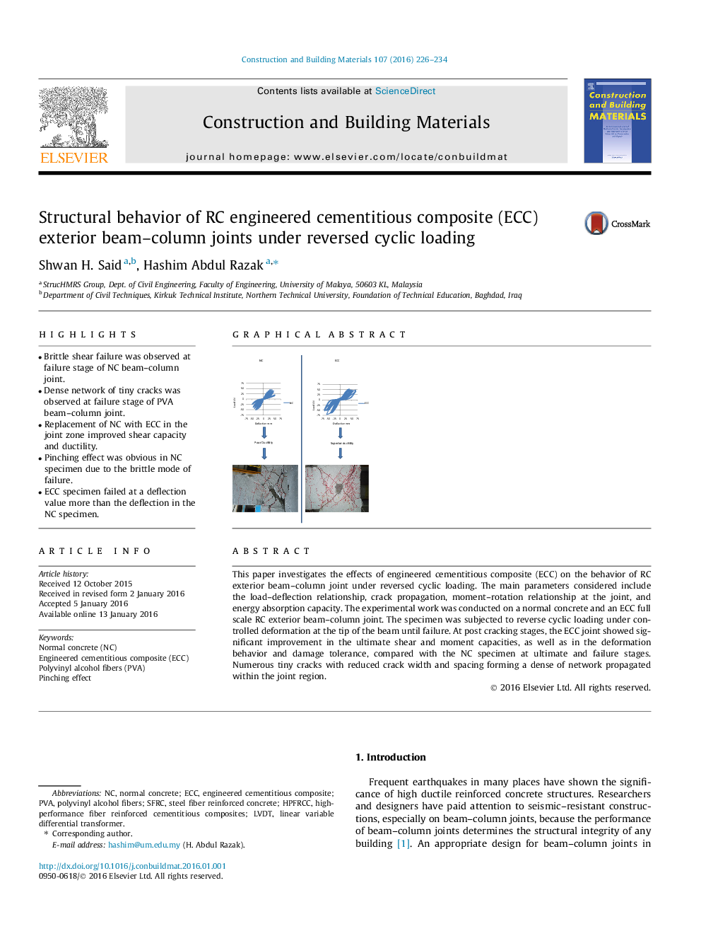 Structural behavior of RC engineered cementitious composite (ECC) exterior beam–column joints under reversed cyclic loading