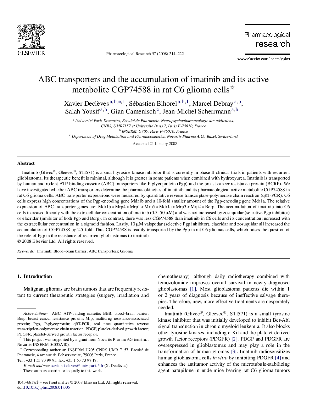 ABC transporters and the accumulation of imatinib and its active metabolite CGP74588 in rat C6 glioma cells 