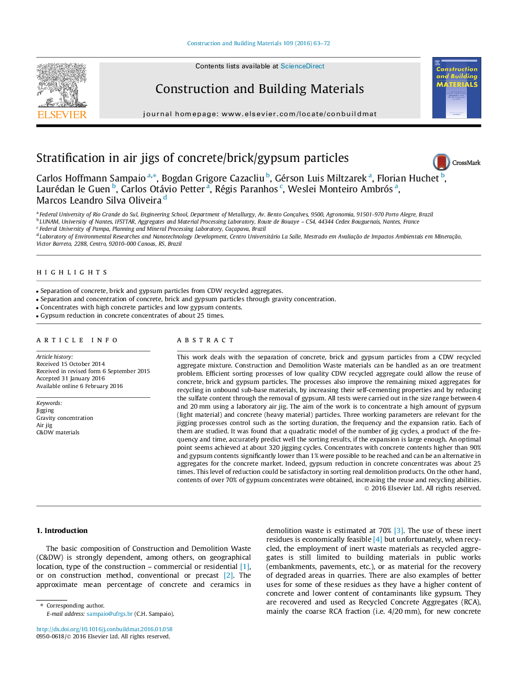 Stratification in air jigs of concrete/brick/gypsum particles