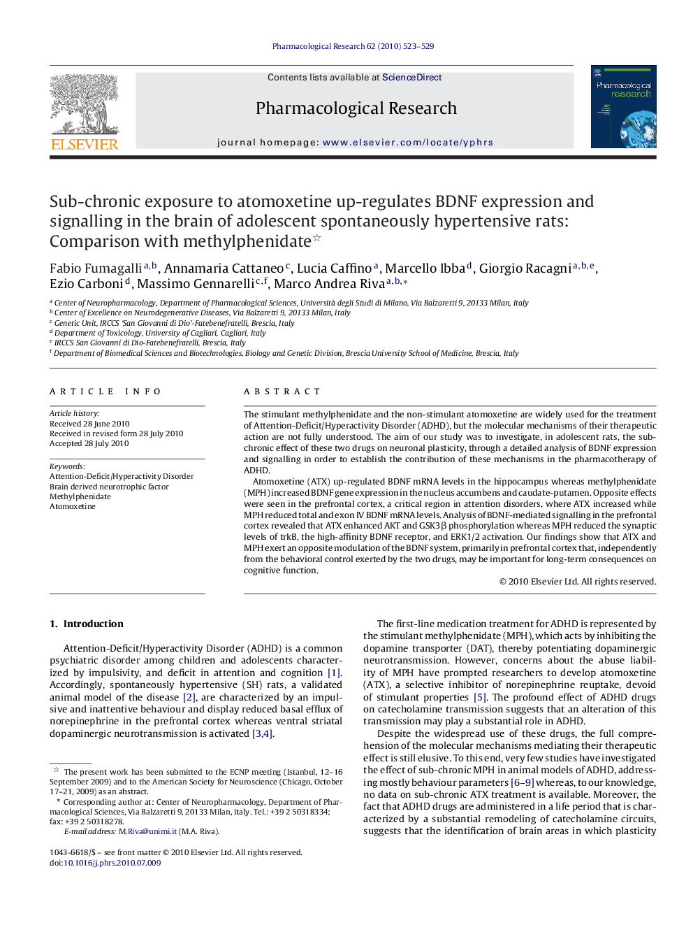 Sub-chronic exposure to atomoxetine up-regulates BDNF expression and signalling in the brain of adolescent spontaneously hypertensive rats: Comparison with methylphenidate