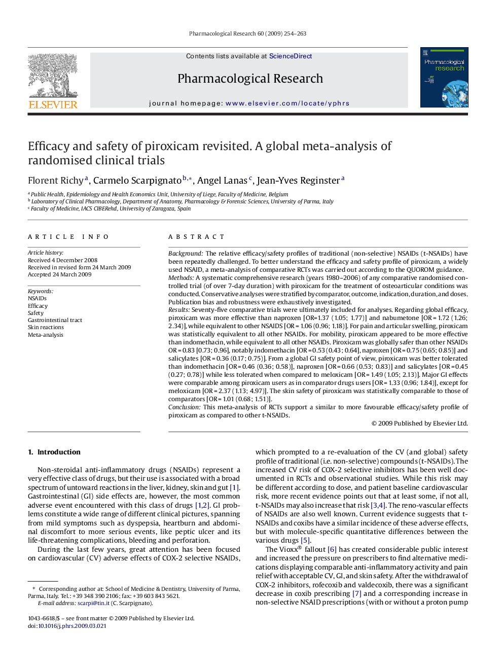 Efficacy and safety of piroxicam revisited. A global meta-analysis of randomised clinical trials