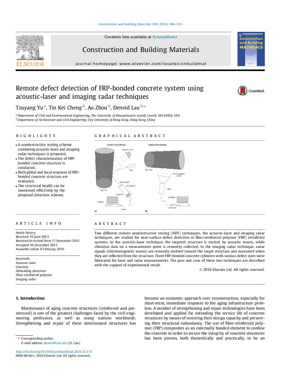 Remote defect detection of FRP-bonded concrete system using acoustic-laser and imaging radar techniques