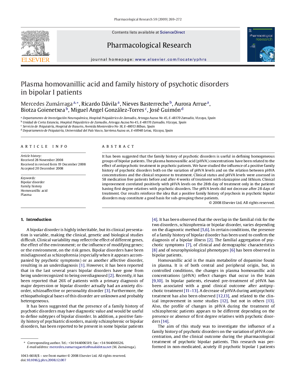 Plasma homovanillic acid and family history of psychotic disorders in bipolar I patients