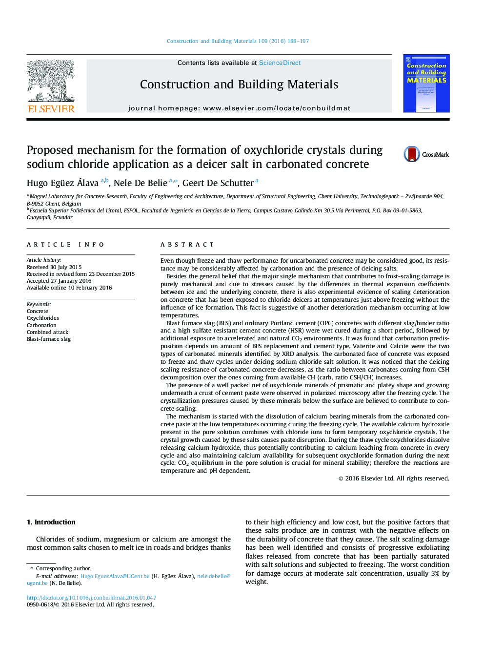 Proposed mechanism for the formation of oxychloride crystals during sodium chloride application as a deicer salt in carbonated concrete