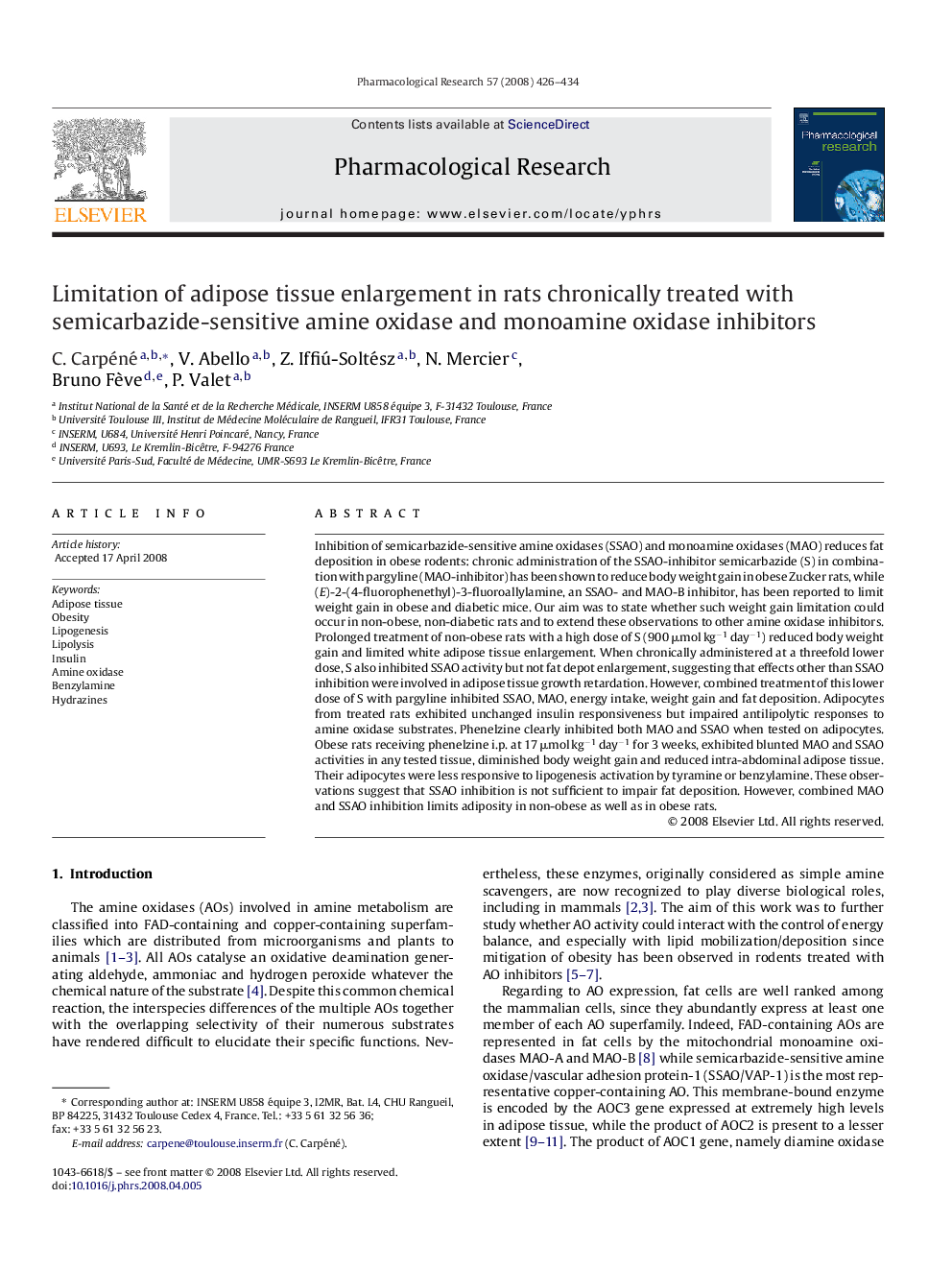 Limitation of adipose tissue enlargement in rats chronically treated with semicarbazide-sensitive amine oxidase and monoamine oxidase inhibitors