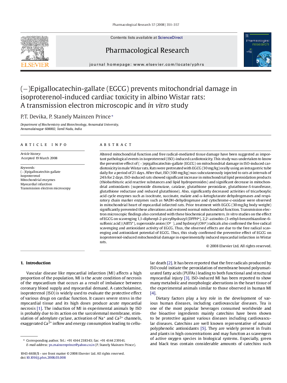 (−)Epigallocatechin-gallate (EGCG) prevents mitochondrial damage in isoproterenol-induced cardiac toxicity in albino Wistar rats: A transmission electron microscopic and in vitro study