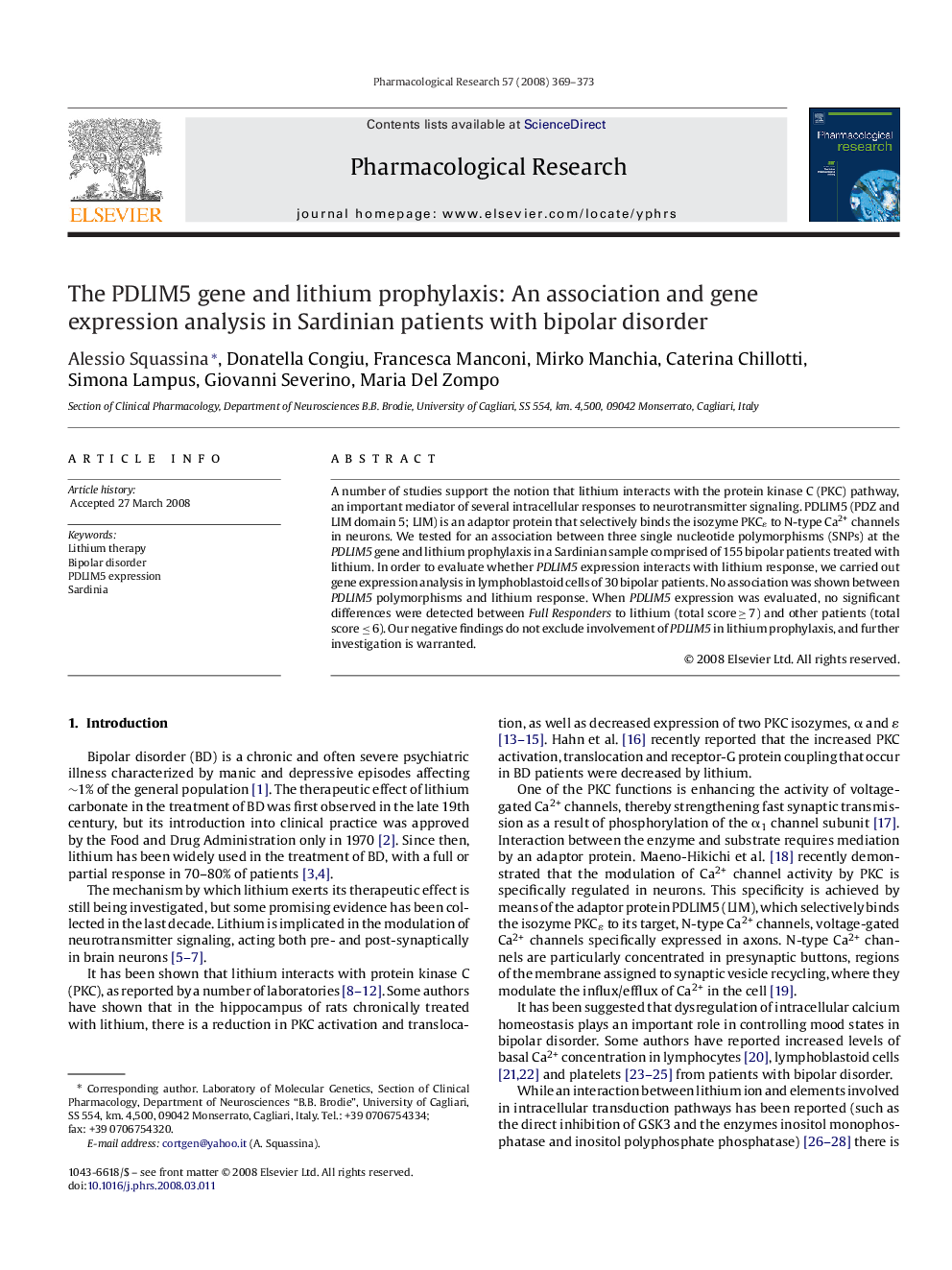 The PDLIM5 gene and lithium prophylaxis: An association and gene expression analysis in Sardinian patients with bipolar disorder