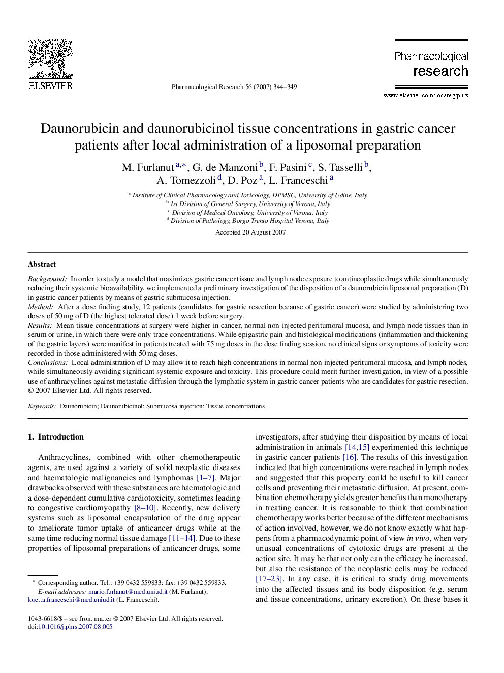 Daunorubicin and daunorubicinol tissue concentrations in gastric cancer patients after local administration of a liposomal preparation