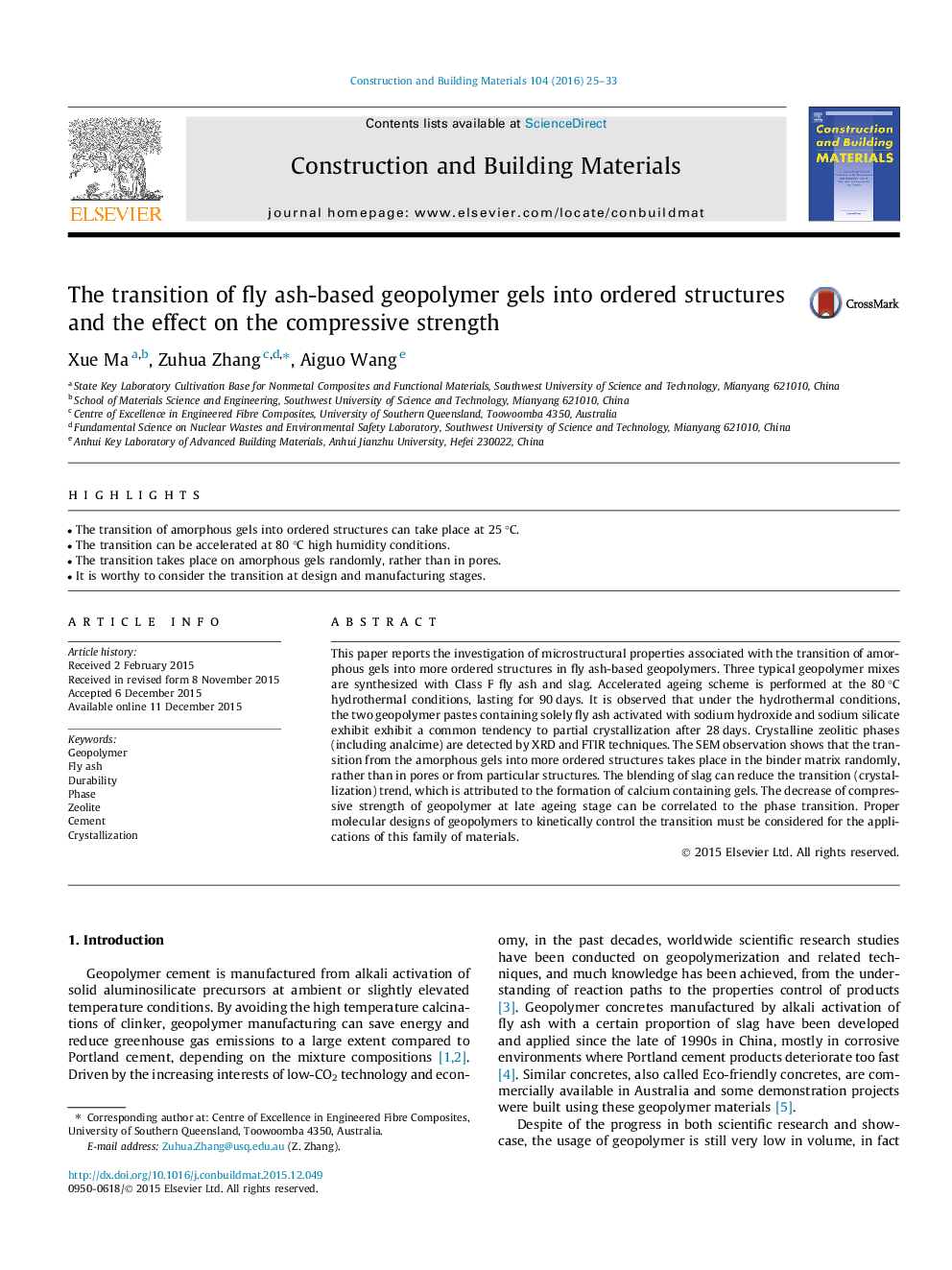 The transition of fly ash-based geopolymer gels into ordered structures and the effect on the compressive strength