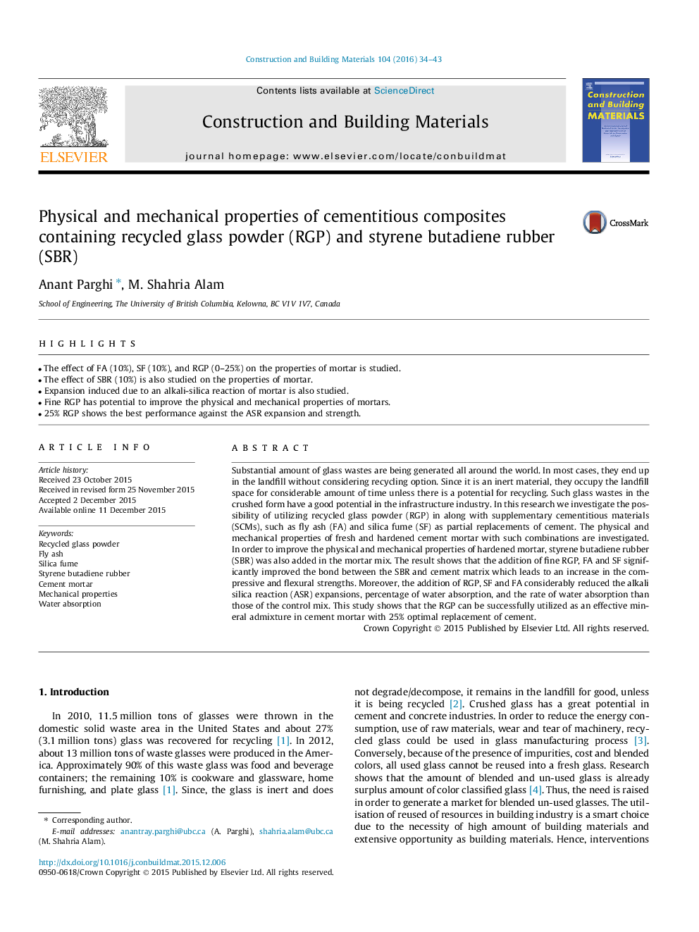 Physical and mechanical properties of cementitious composites containing recycled glass powder (RGP) and styrene butadiene rubber (SBR)