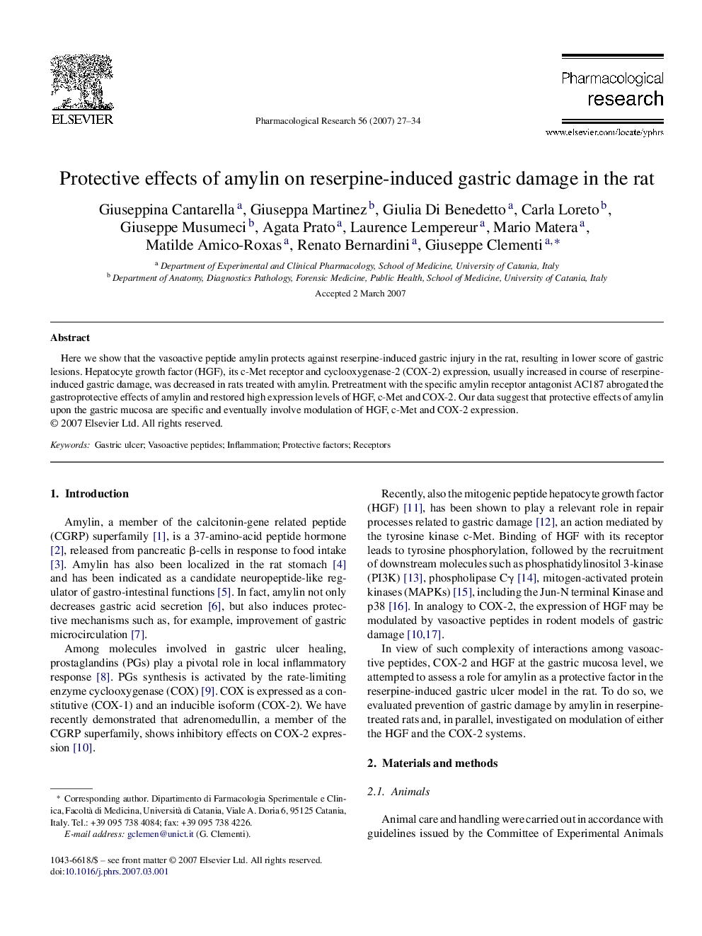 Protective effects of amylin on reserpine-induced gastric damage in the rat