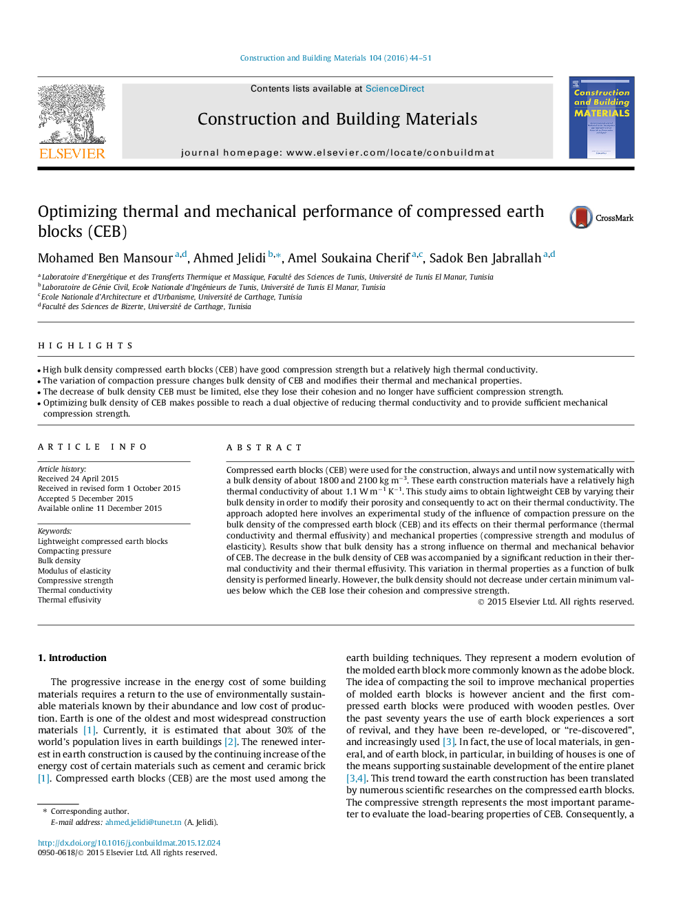 Optimizing thermal and mechanical performance of compressed earth blocks (CEB)