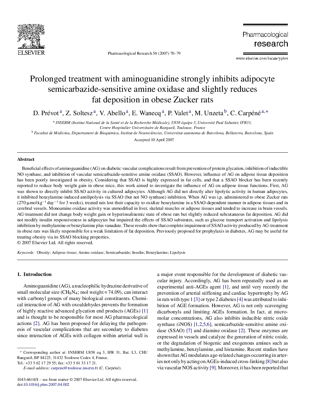 Prolonged treatment with aminoguanidine strongly inhibits adipocyte semicarbazide-sensitive amine oxidase and slightly reduces fat deposition in obese Zucker rats