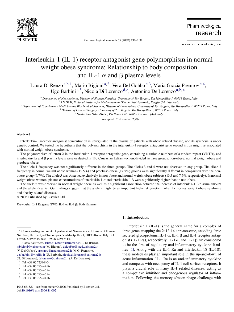 Interleukin-1 (IL-1) receptor antagonist gene polymorphism in normal weight obese syndrome: Relationship to body composition and IL-1 α and β plasma levels