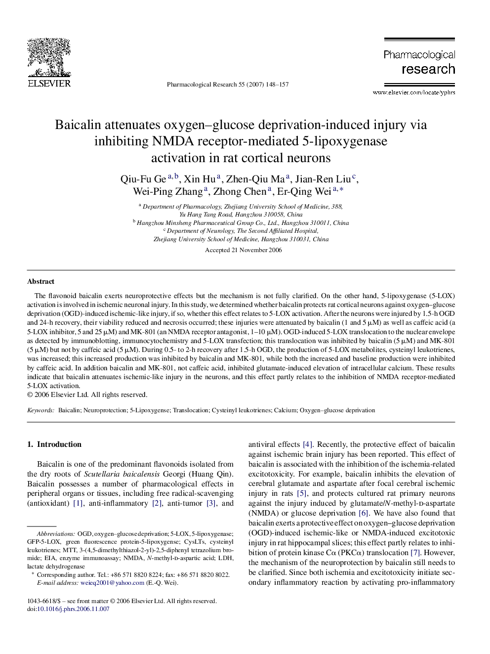 Baicalin attenuates oxygen–glucose deprivation-induced injury via inhibiting NMDA receptor-mediated 5-lipoxygenase activation in rat cortical neurons