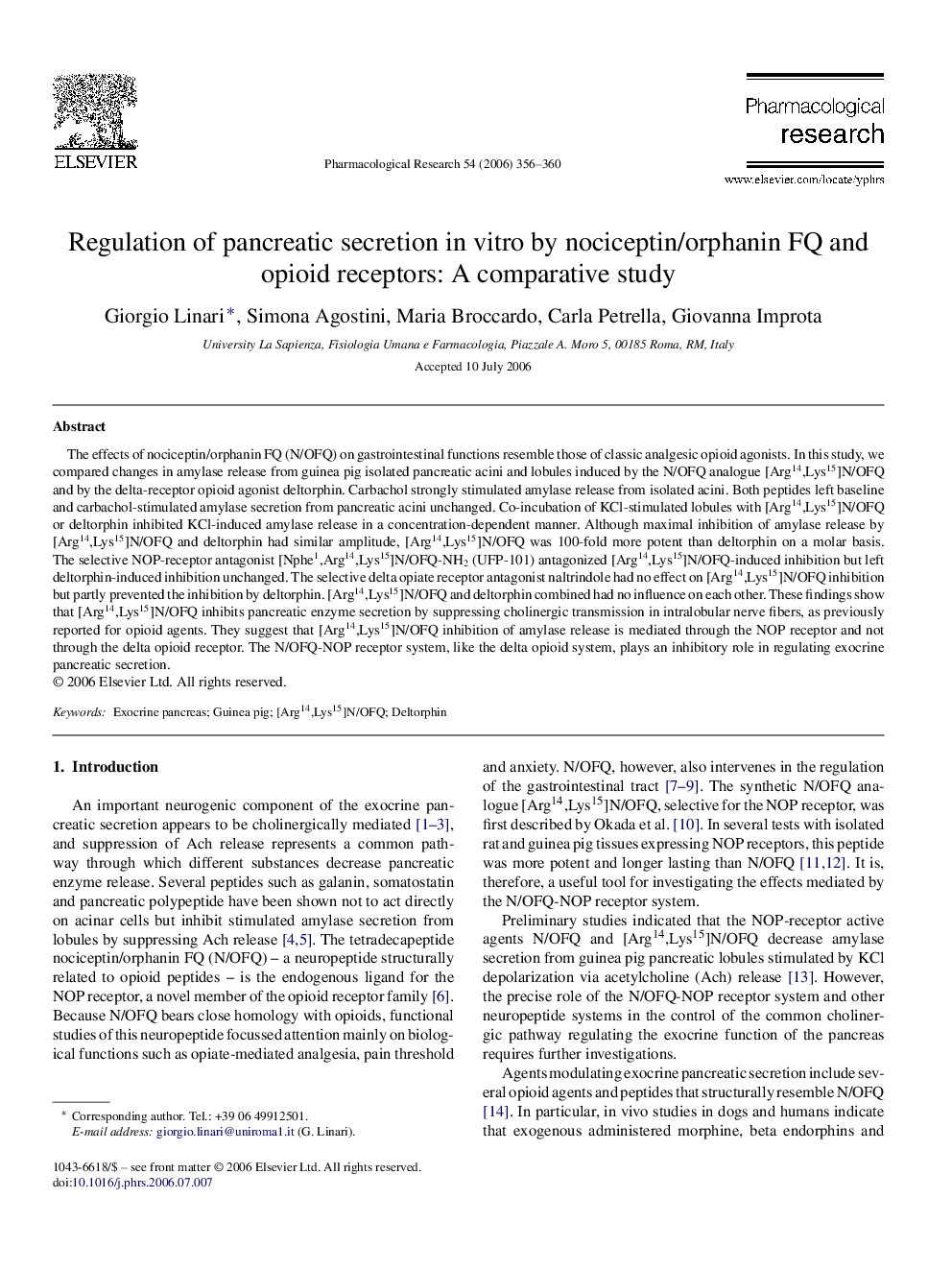 Regulation of pancreatic secretion in vitro by nociceptin/orphanin FQ and opioid receptors: A comparative study