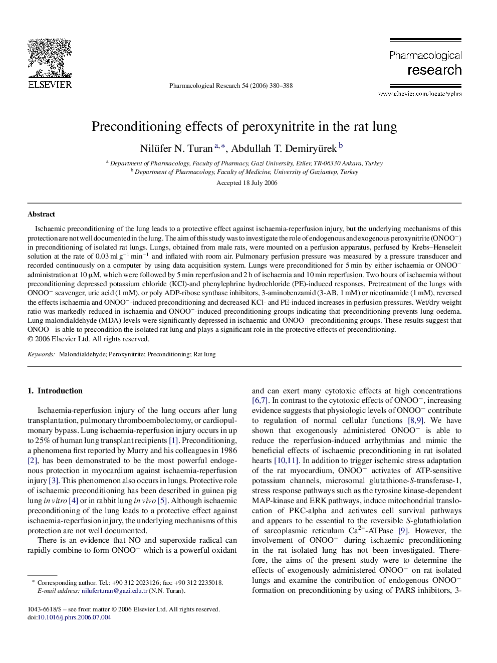 Preconditioning effects of peroxynitrite in the rat lung