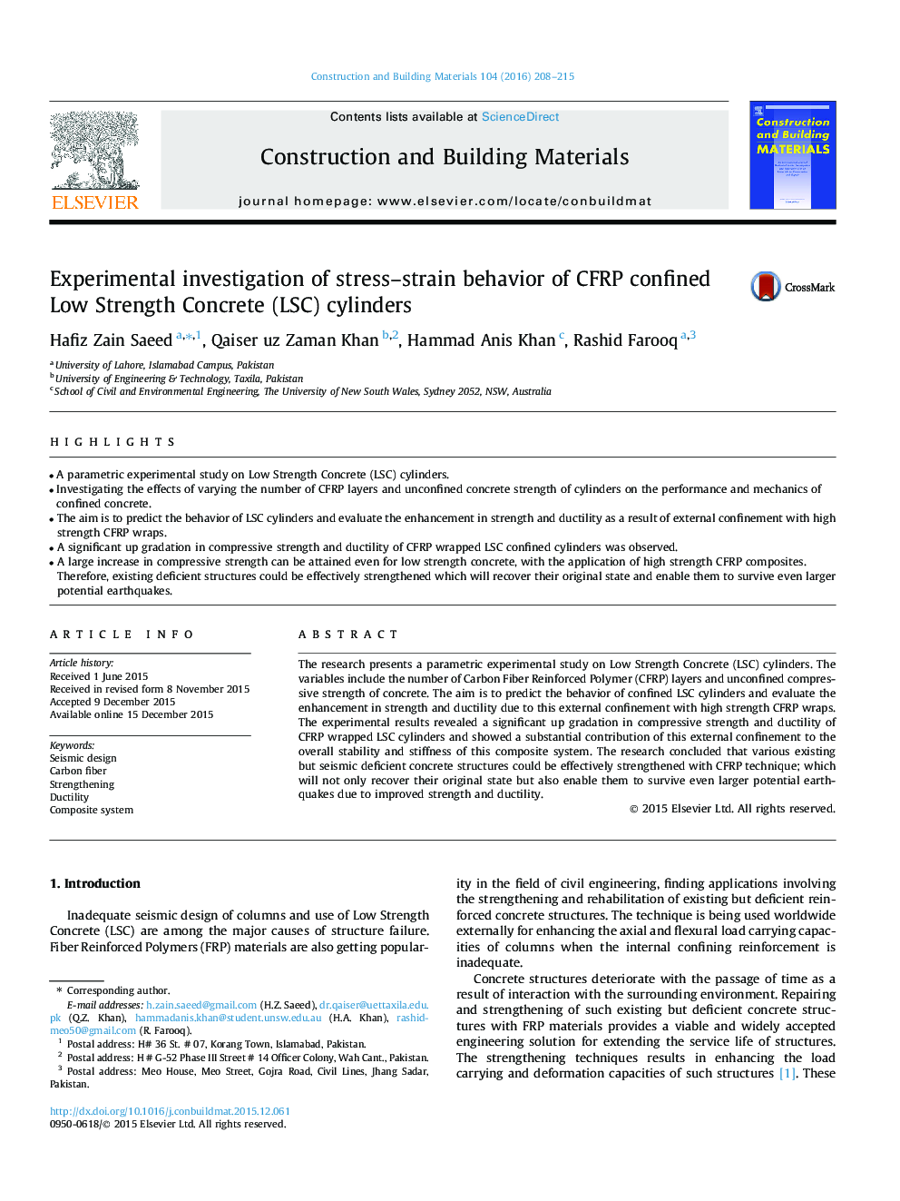 Experimental investigation of stress–strain behavior of CFRP confined Low Strength Concrete (LSC) cylinders