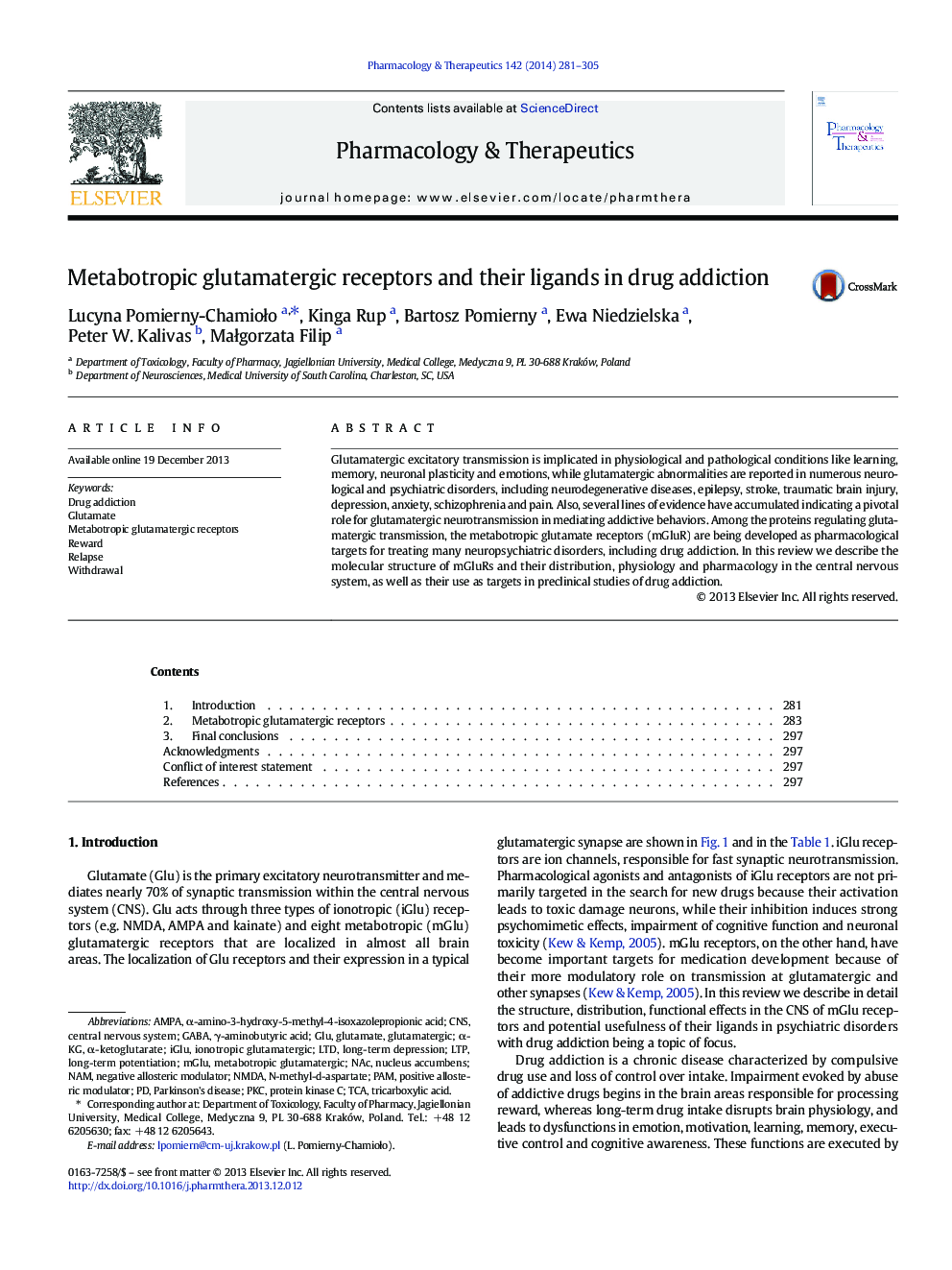 Metabotropic glutamatergic receptors and their ligands in drug addiction