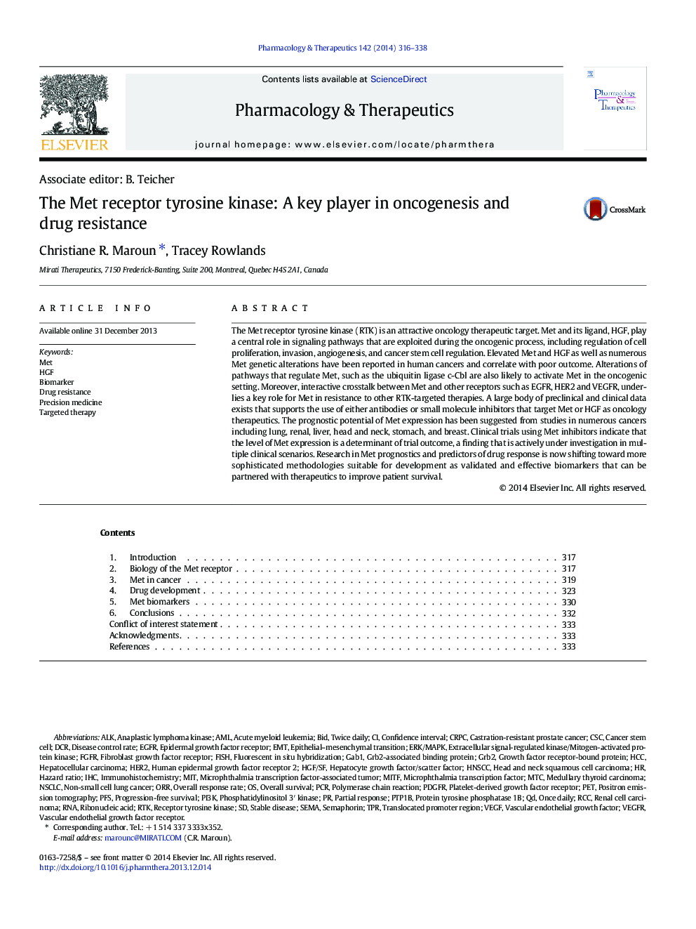 The Met receptor tyrosine kinase: A key player in oncogenesis and drug resistance