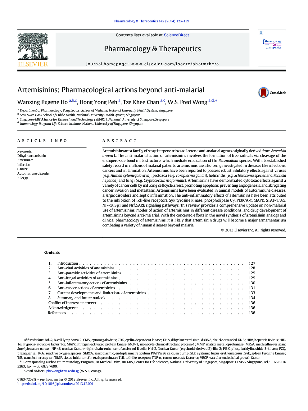 Artemisinins: Pharmacological actions beyond anti-malarial