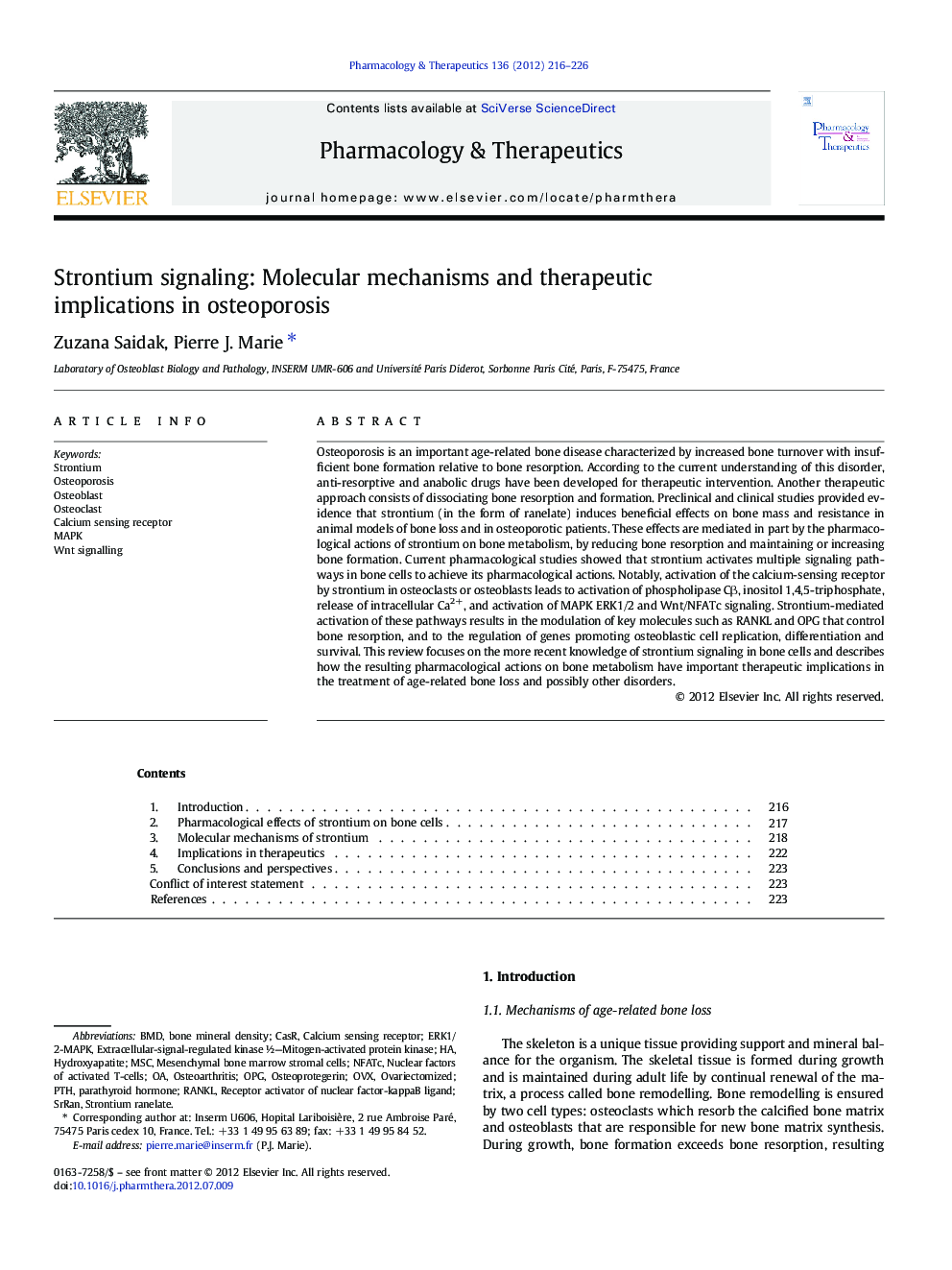 Strontium signaling: Molecular mechanisms and therapeutic implications in osteoporosis