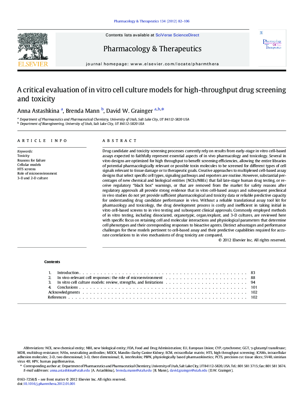 A critical evaluation of in vitro cell culture models for high-throughput drug screening and toxicity