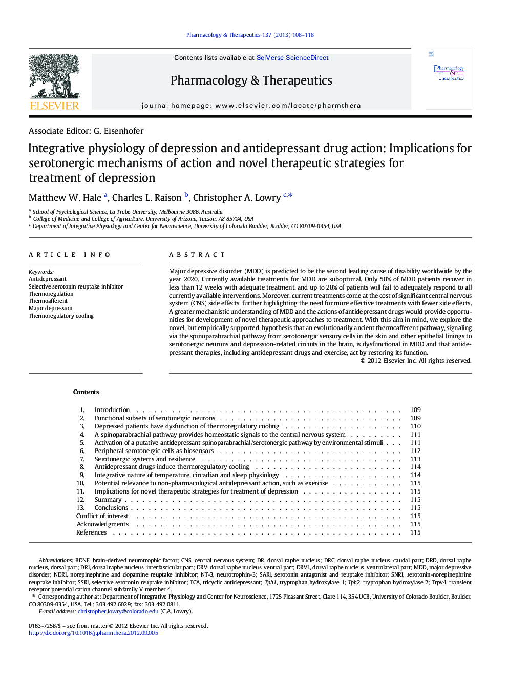 Integrative physiology of depression and antidepressant drug action: Implications for serotonergic mechanisms of action and novel therapeutic strategies for treatment of depression