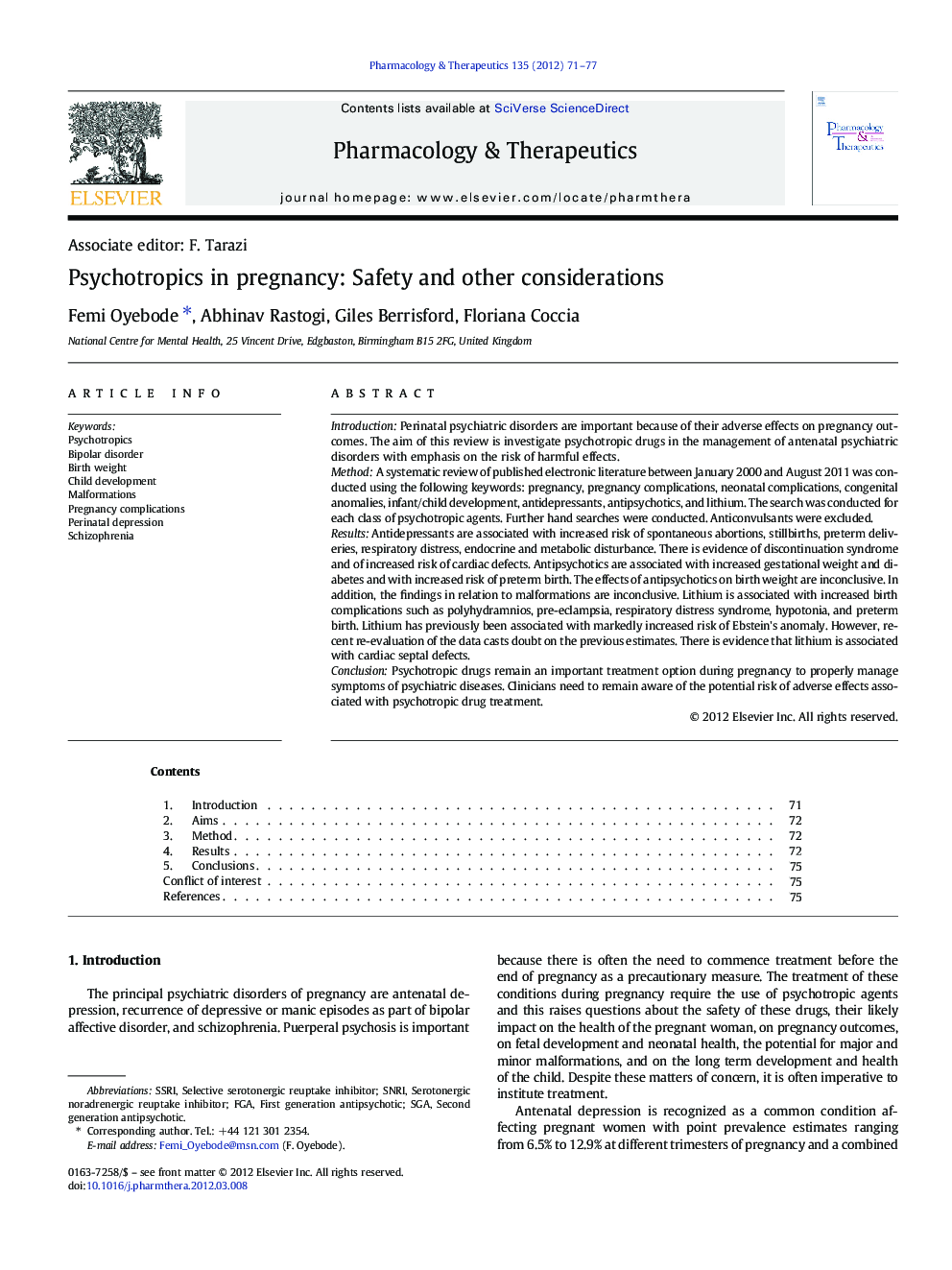 Psychotropics in pregnancy: Safety and other considerations