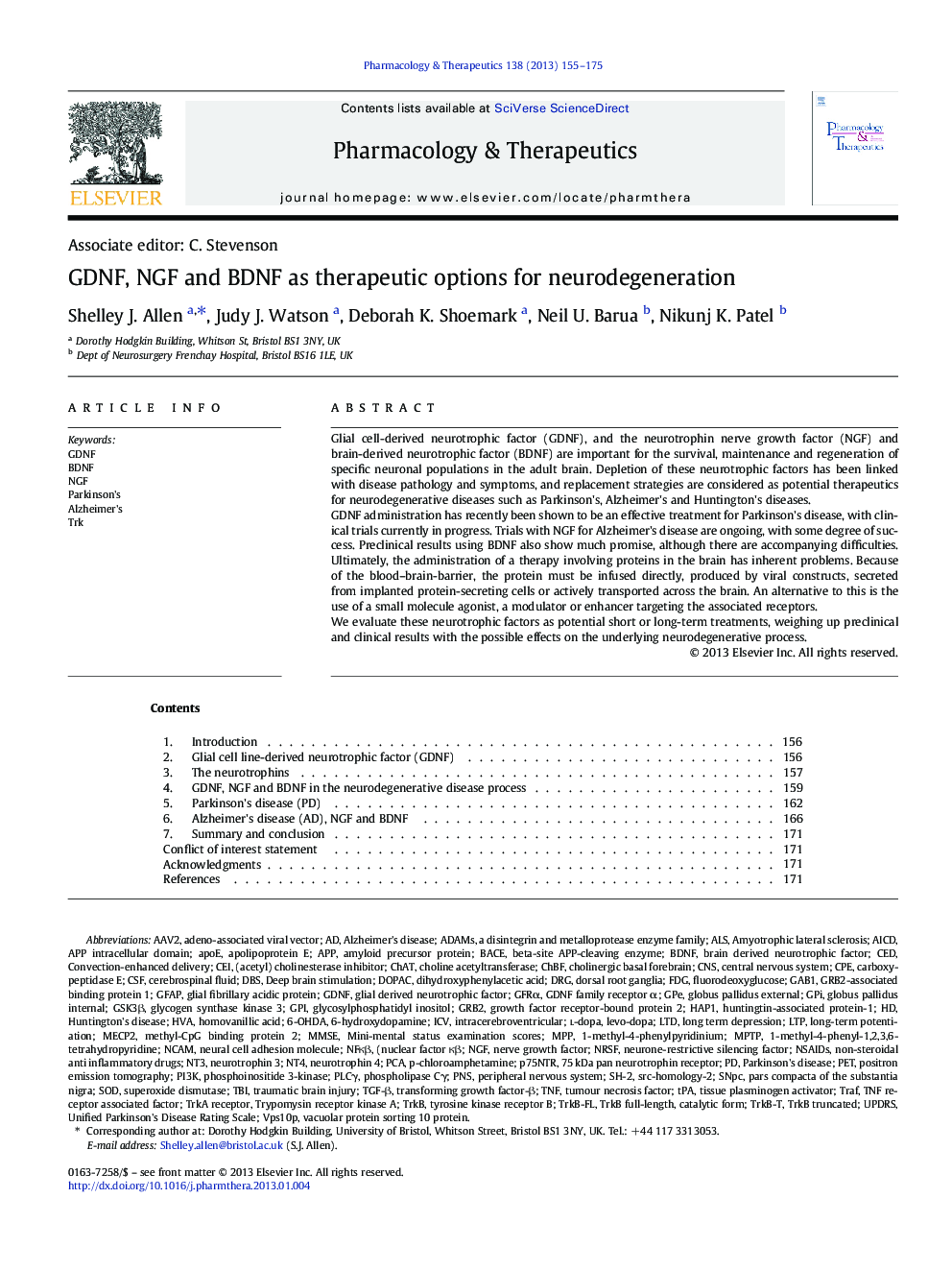 GDNF, NGF and BDNF as therapeutic options for neurodegeneration