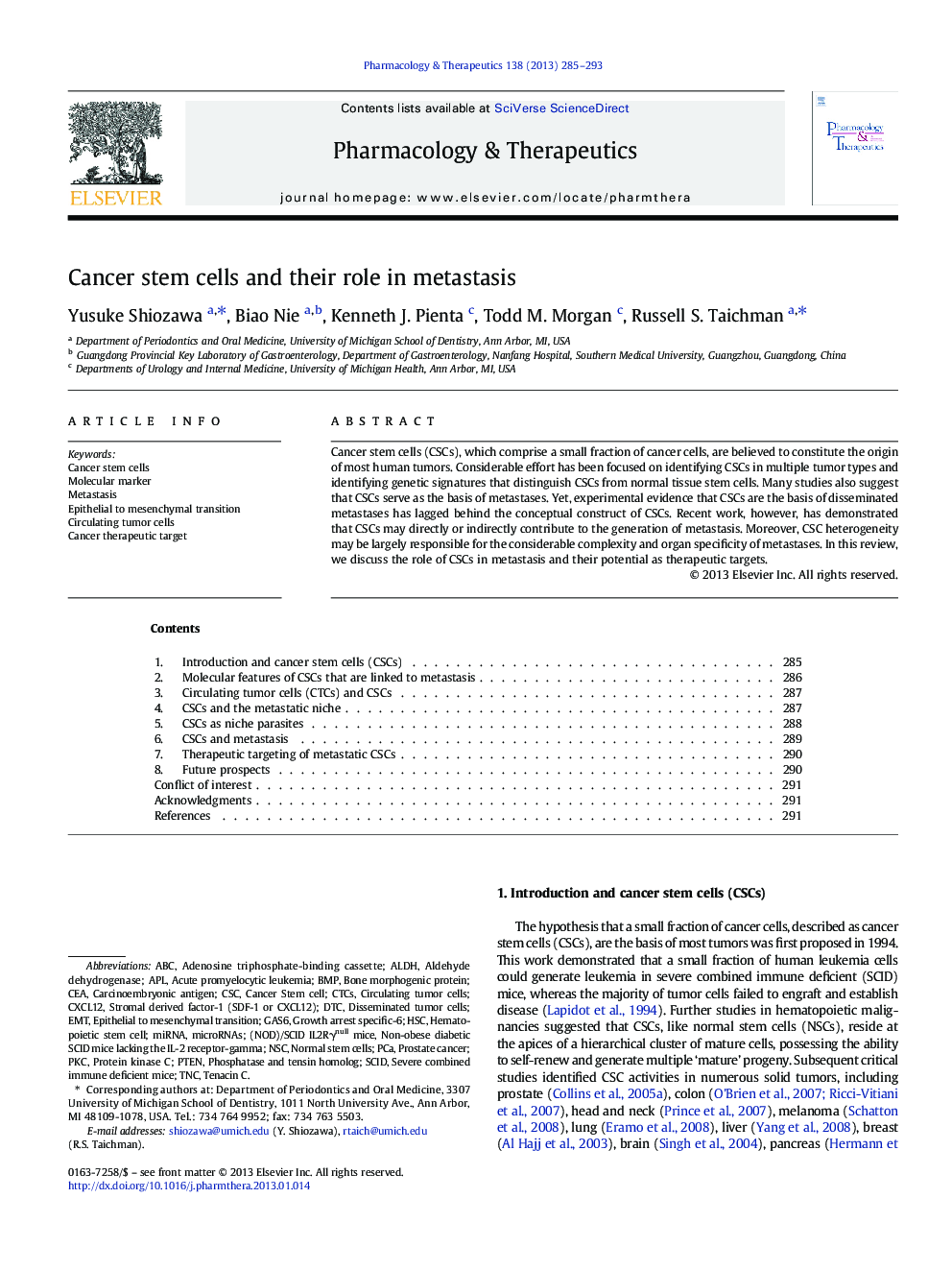 Cancer stem cells and their role in metastasis