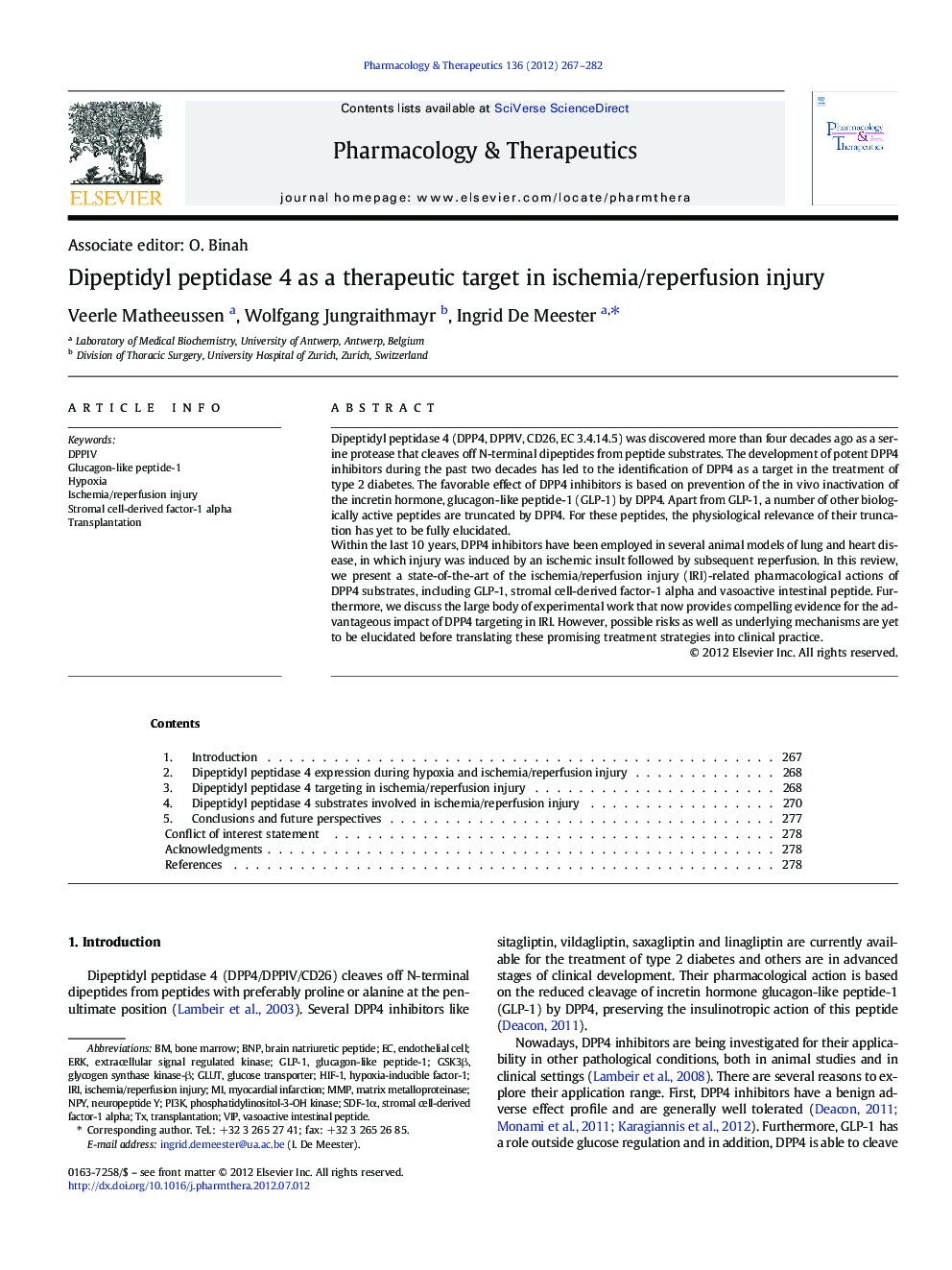 Dipeptidyl peptidase 4 as a therapeutic target in ischemia/reperfusion injury