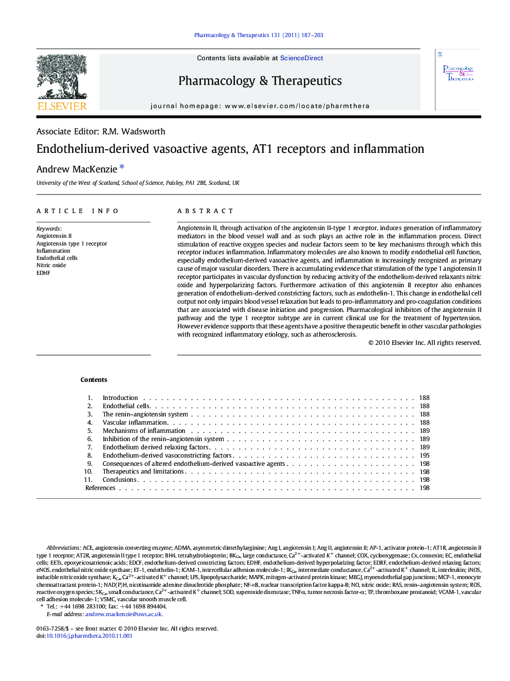 Endothelium-derived vasoactive agents, AT1 receptors and inflammation