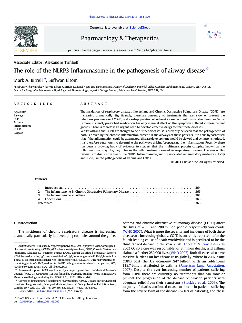 The role of the NLRP3 Inflammasome in the pathogenesis of airway disease 