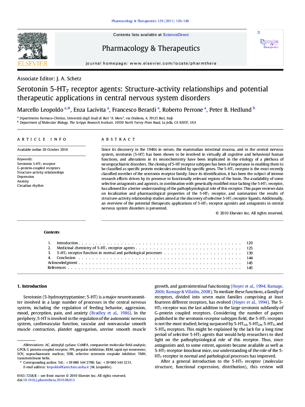 Serotonin 5-HT7 receptor agents: Structure-activity relationships and potential therapeutic applications in central nervous system disorders