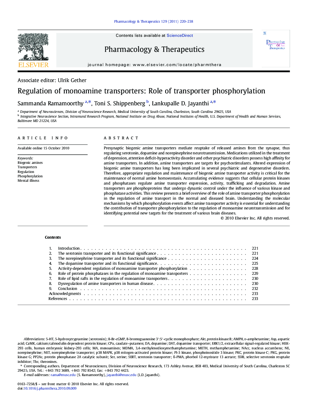 Regulation of monoamine transporters: Role of transporter phosphorylation