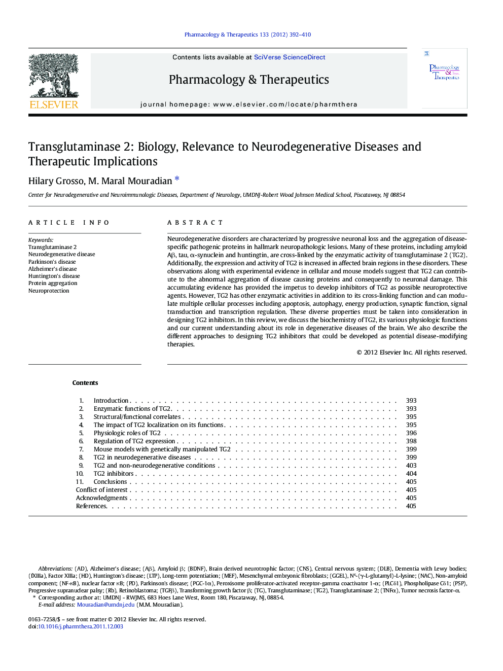 Transglutaminase 2: Biology, Relevance to Neurodegenerative Diseases and Therapeutic Implications