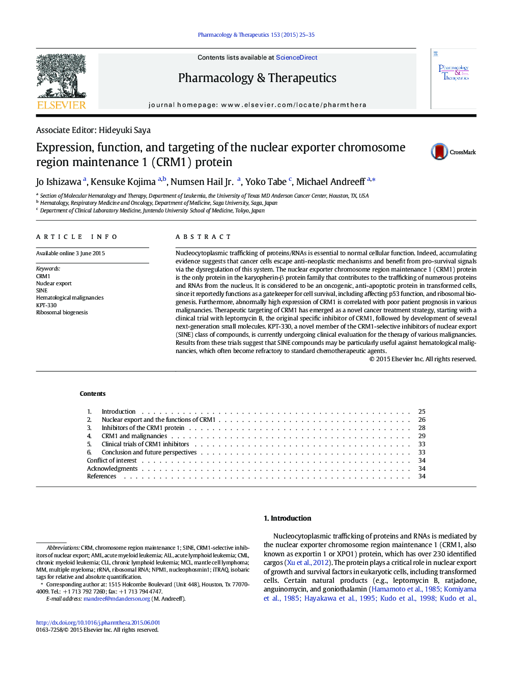 Expression, function, and targeting of the nuclear exporter chromosome region maintenance 1 (CRM1) protein