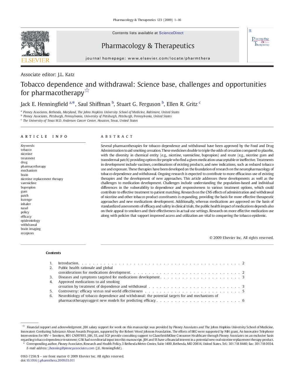 Tobacco dependence and withdrawal: Science base, challenges and opportunities for pharmacotherapy 