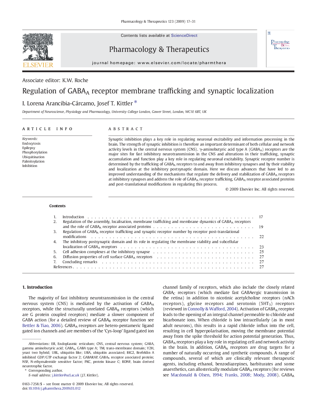 Regulation of GABAA receptor membrane trafficking and synaptic localization